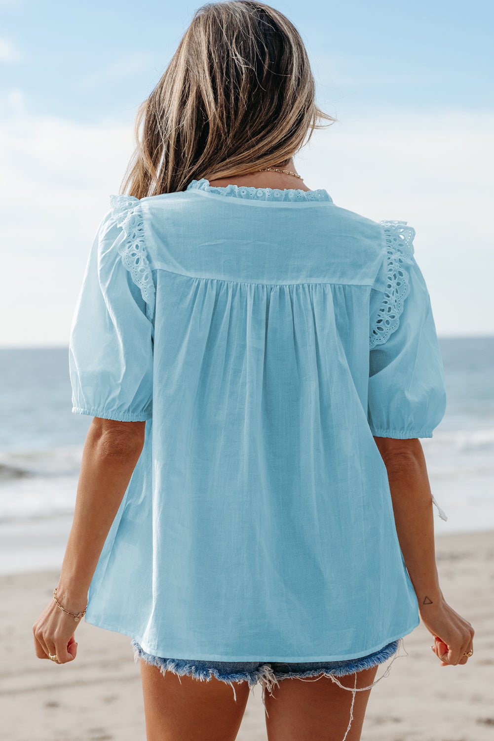 Lila Women’s Puff Sleeve Blouse – Embroidered Lace Tie Neck Top-2