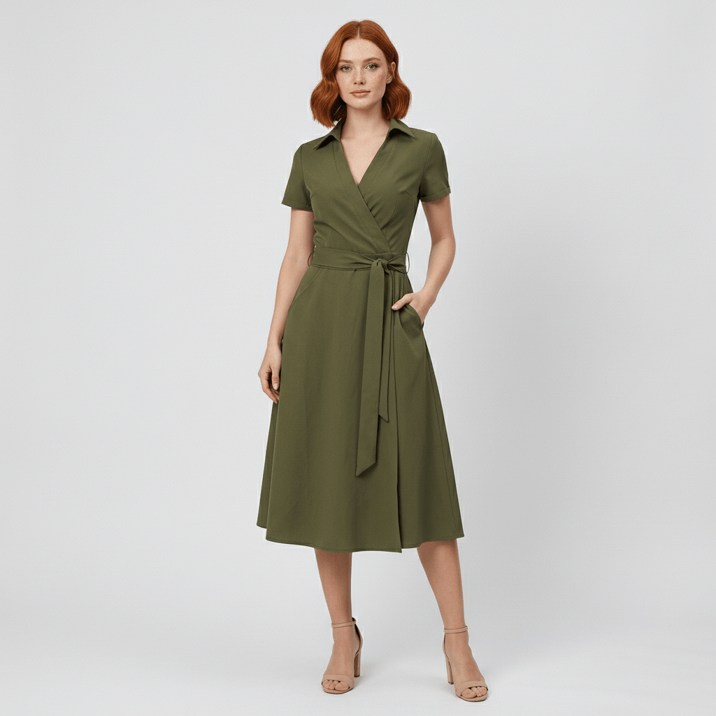 Ada V-Neck Midi Dress with Short Sleeves and Waist Tie