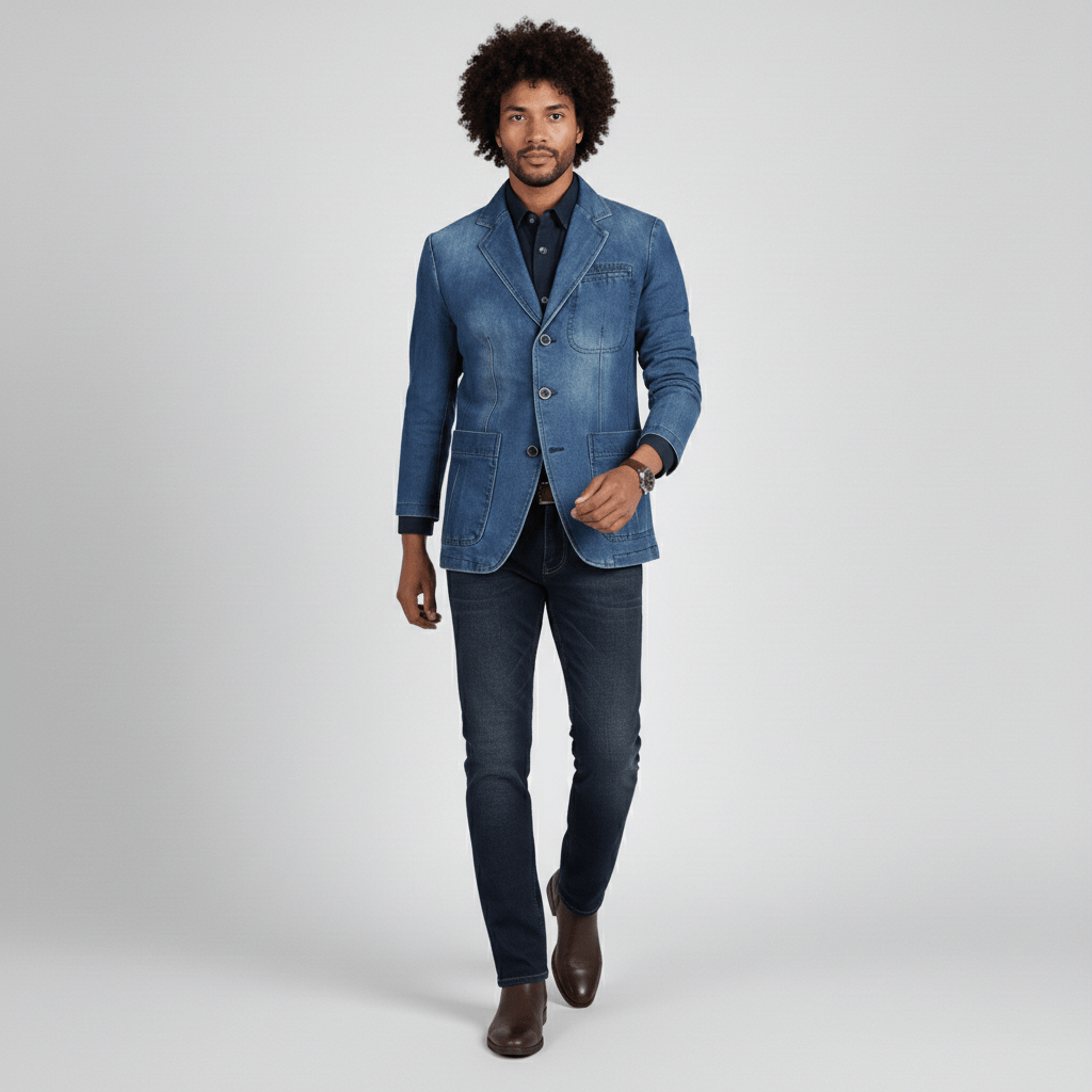 Alan Denim Blazer with Notch Lapel and Three Button Closure