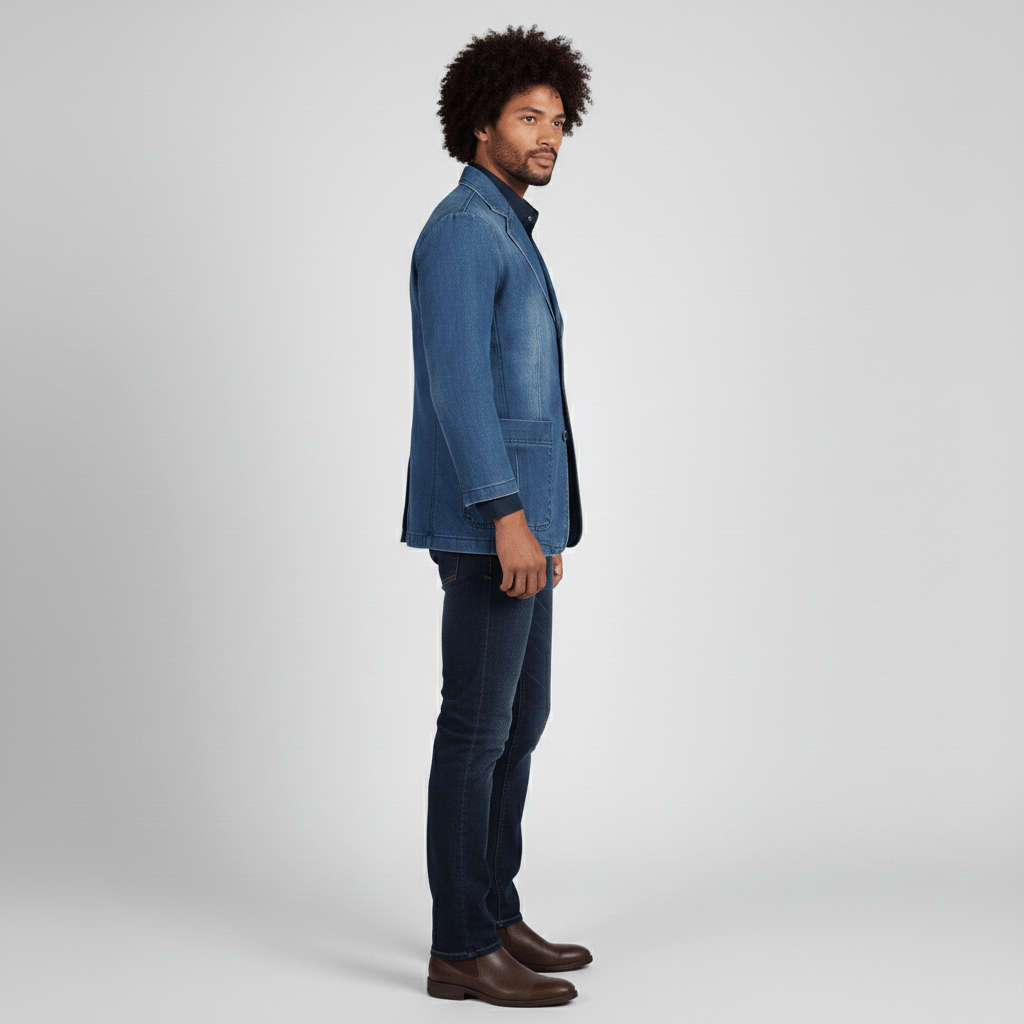 Alan Denim Blazer with Notch Lapel and Three Button Closure