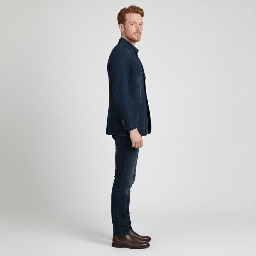 Alan Denim Blazer with Notch Lapel and Three Button Closure
