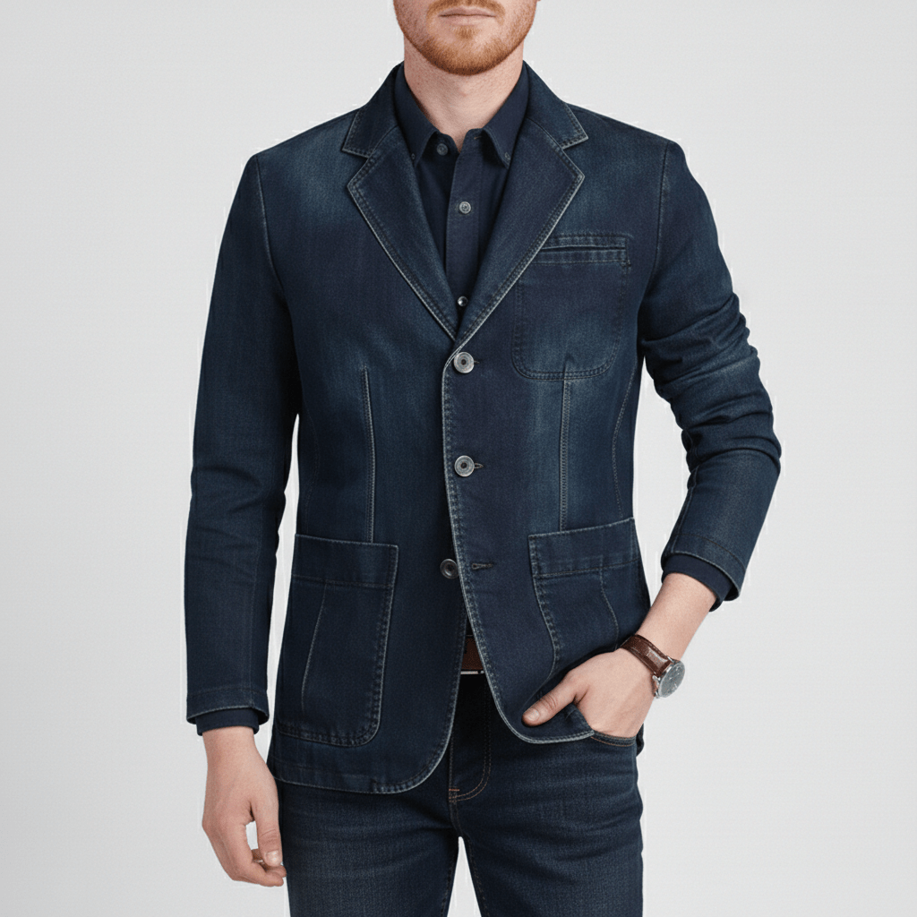 Alan Denim Blazer with Notch Lapel and Three Button Closure