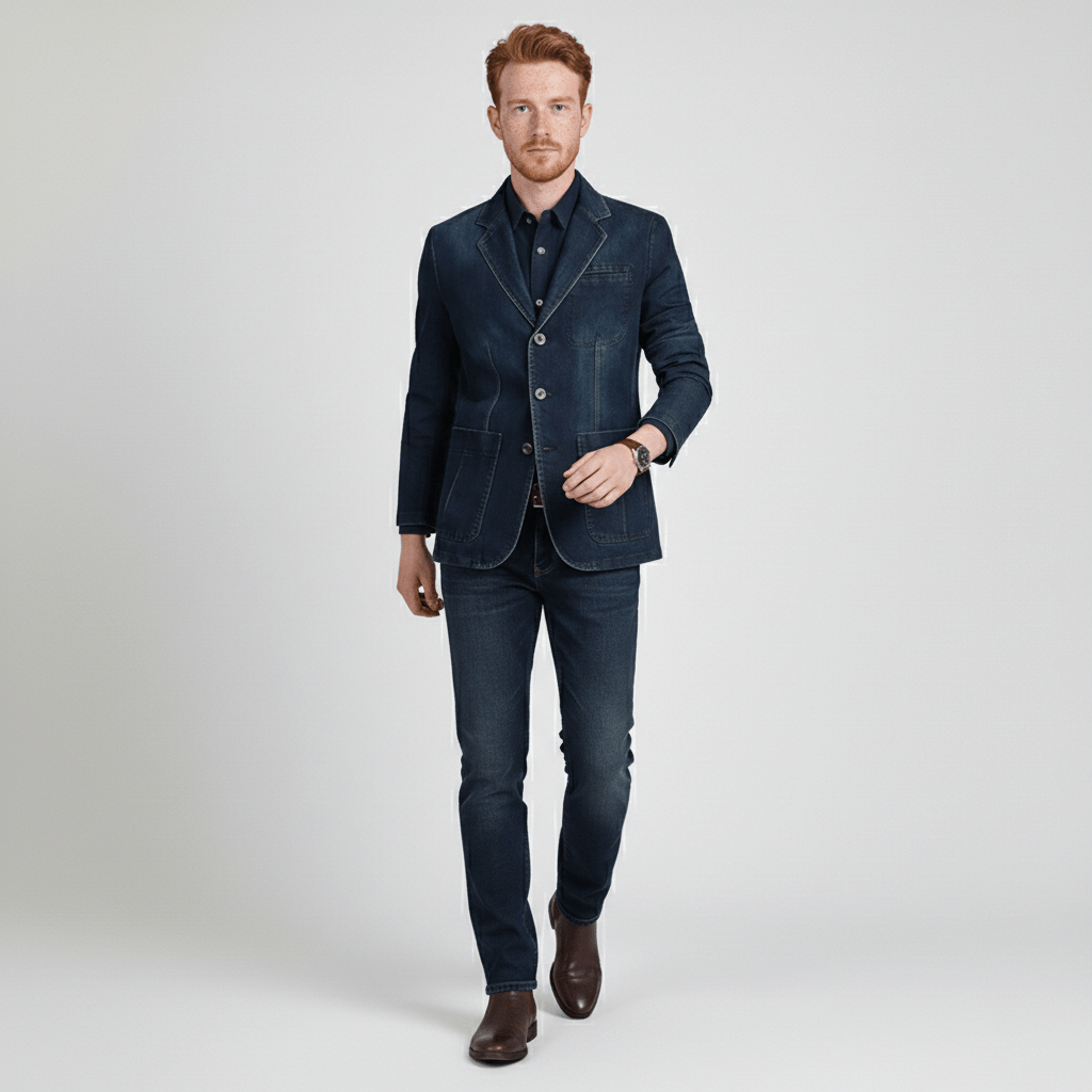Alan Denim Blazer with Notch Lapel and Three Button Closure