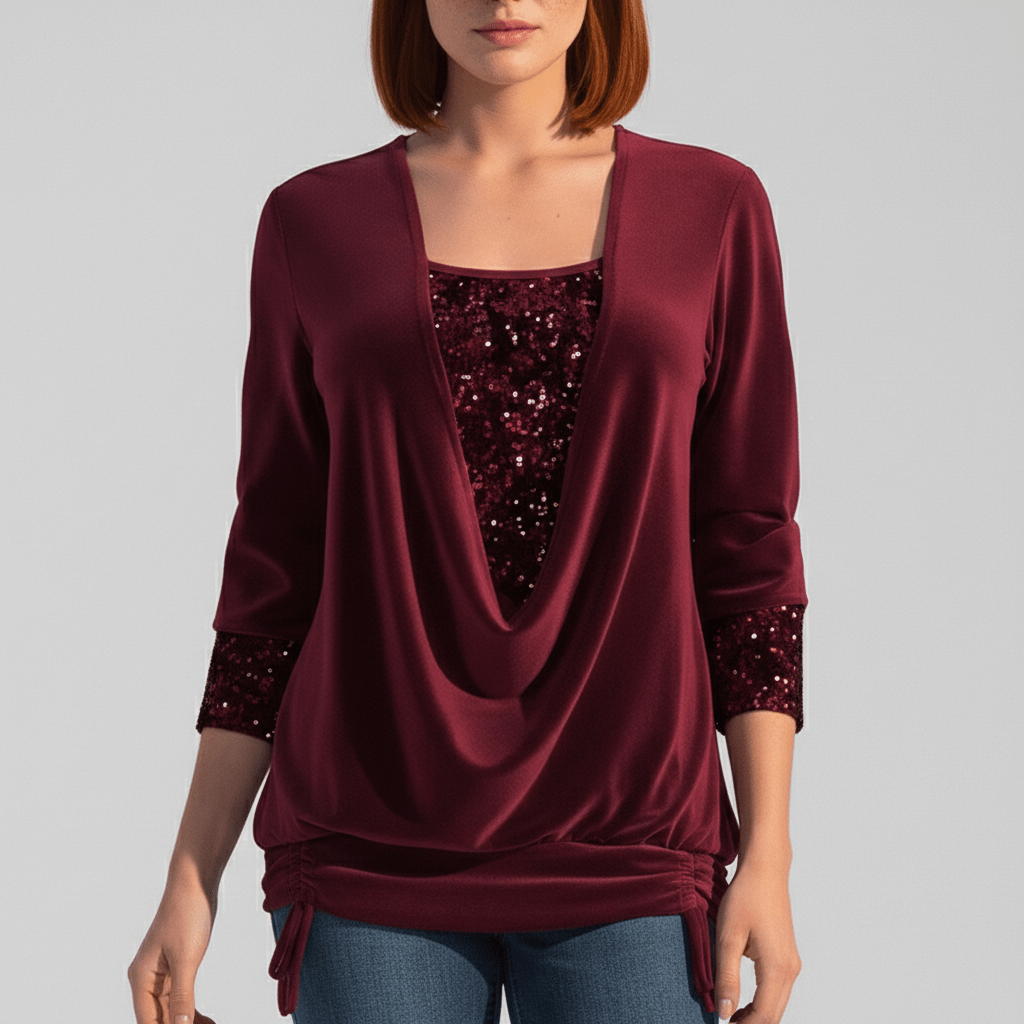 Alethea Sequin Panel Long Sleeve Blouse with Draped Front