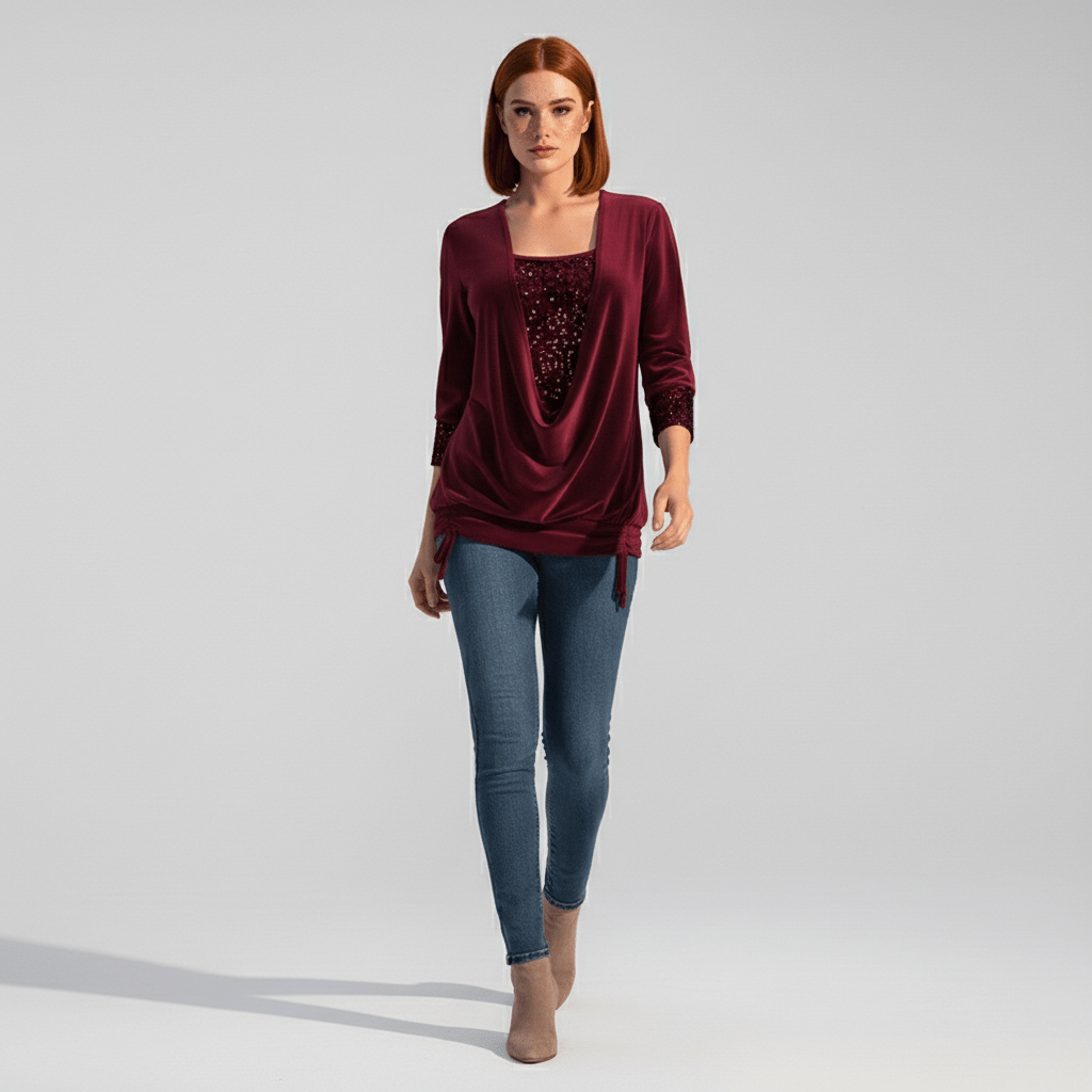 Alethea Sequin Panel Long Sleeve Blouse with Draped Front