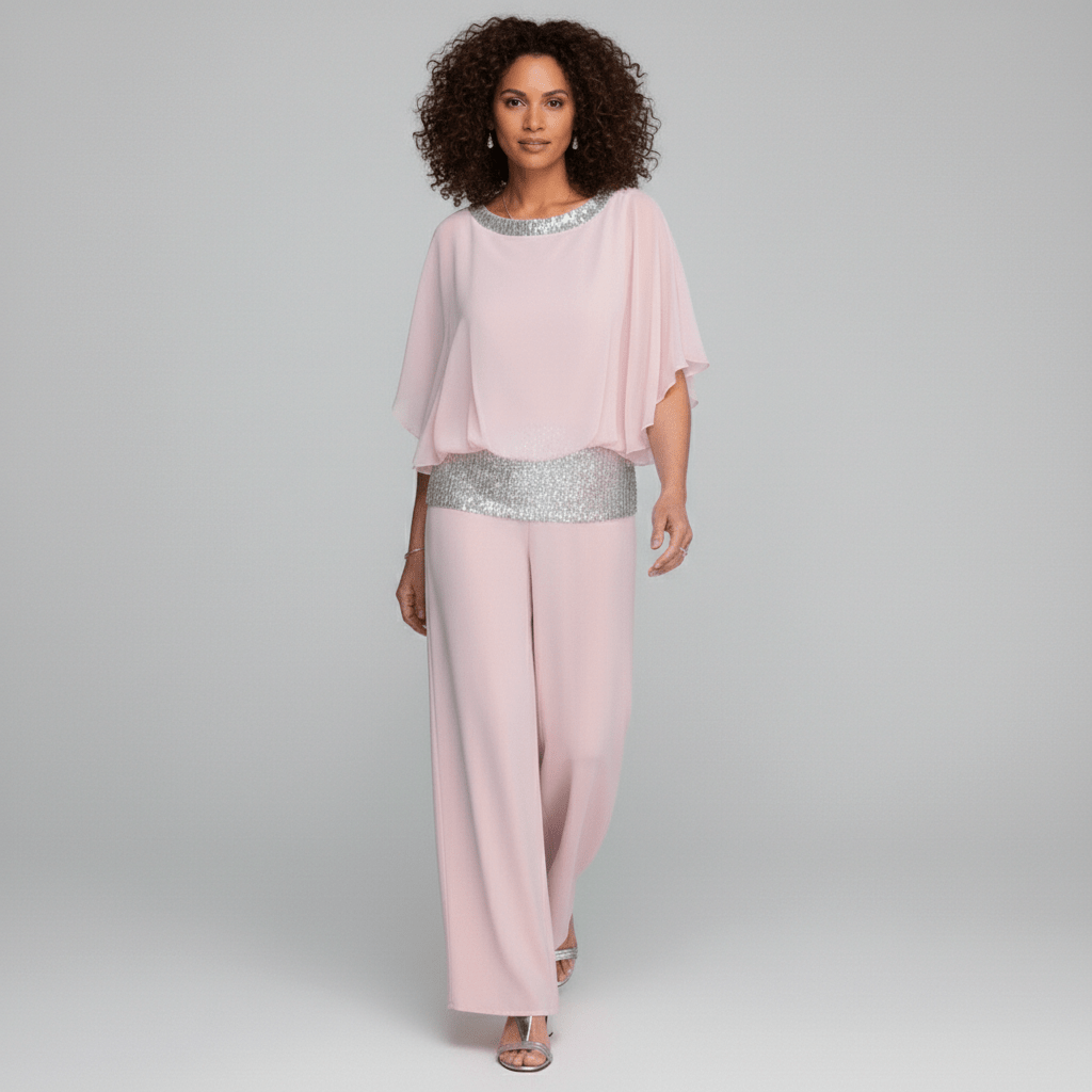 Alexis Two Piece Set Sequin Overlay Top and Wide Leg Pants