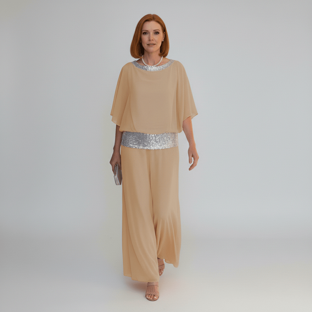 Alexis Two Piece Set Sequin Overlay Top and Wide Leg Pants