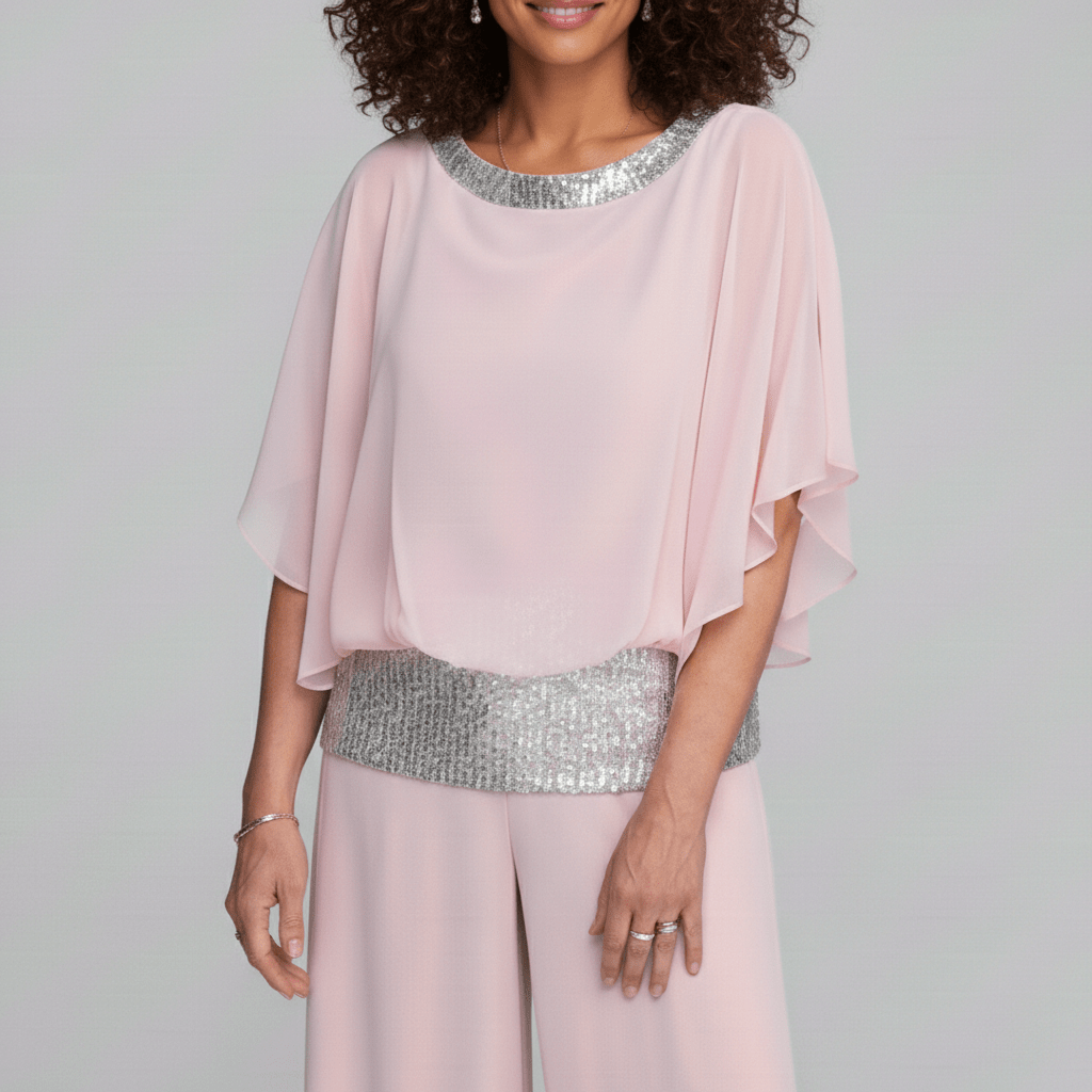 Alexis Two Piece Set Sequin Overlay Top and Wide Leg Pants