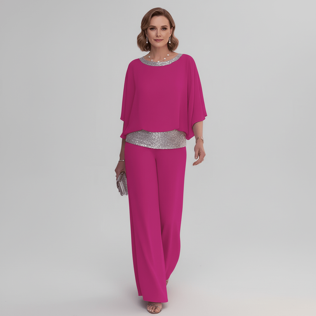 Alexis Two Piece Set Sequin Overlay Top and Wide Leg Pants