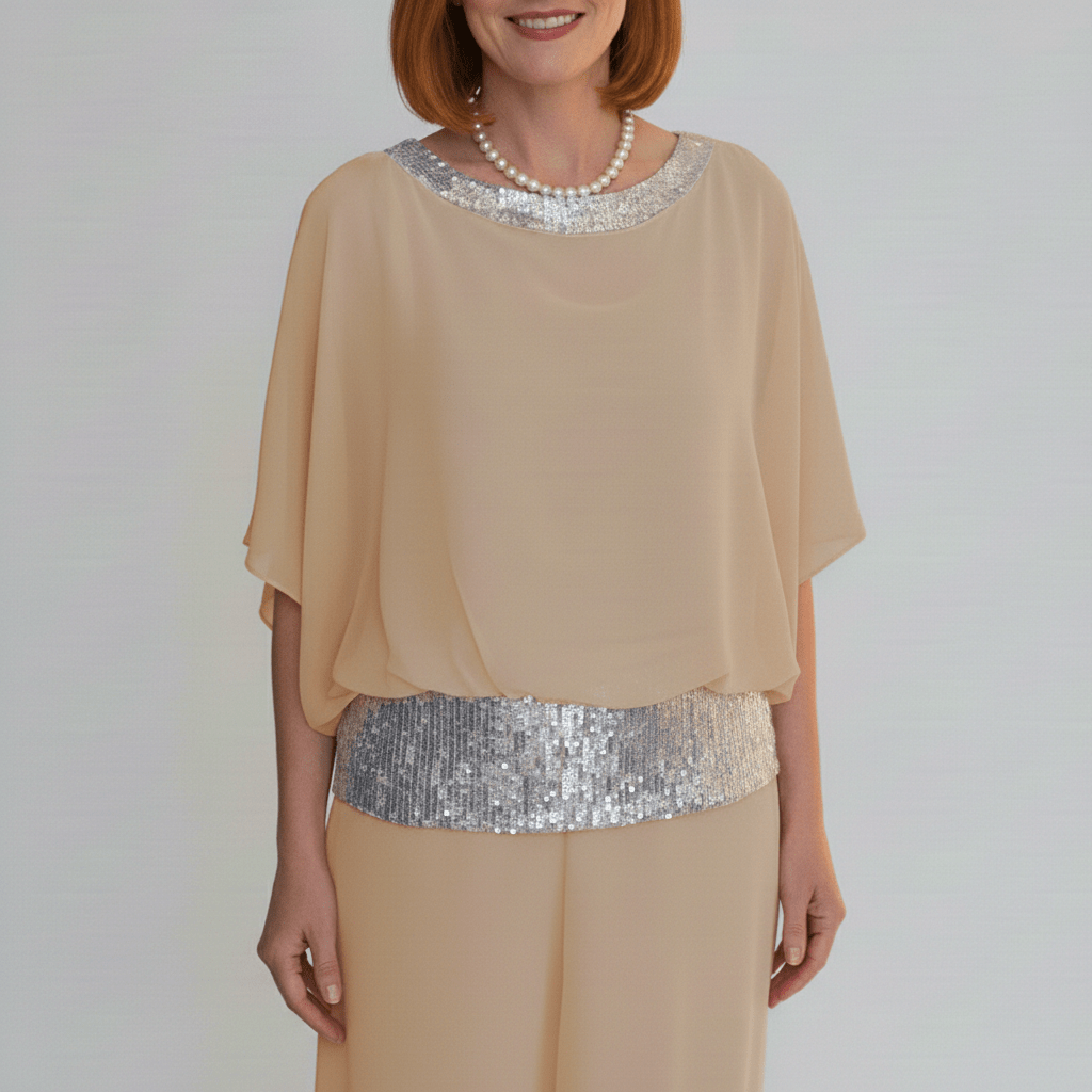 Alexis Two Piece Set Sequin Overlay Top and Wide Leg Pants