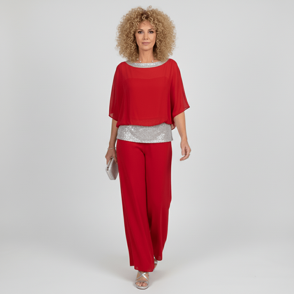 Alexis Two Piece Set Sequin Overlay Top and Wide Leg Pants