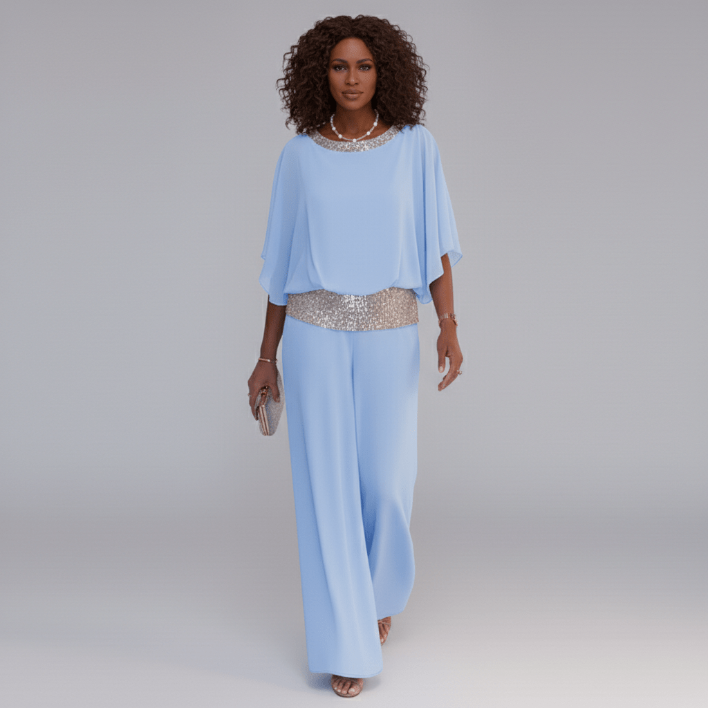 Alexis Two Piece Set Sequin Overlay Top and Wide Leg Pants