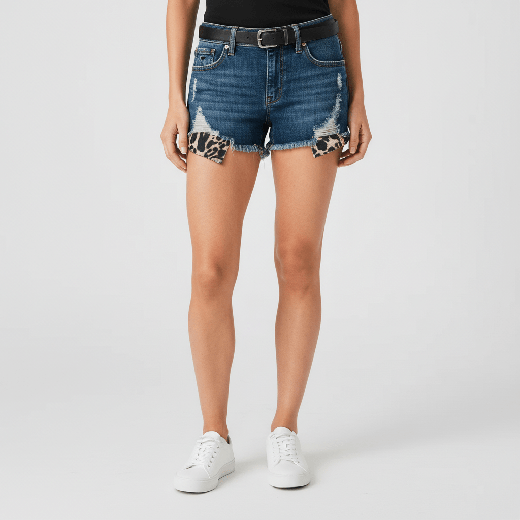 Amber Distressed Denim Shorts Leopard Patch Frayed Hem