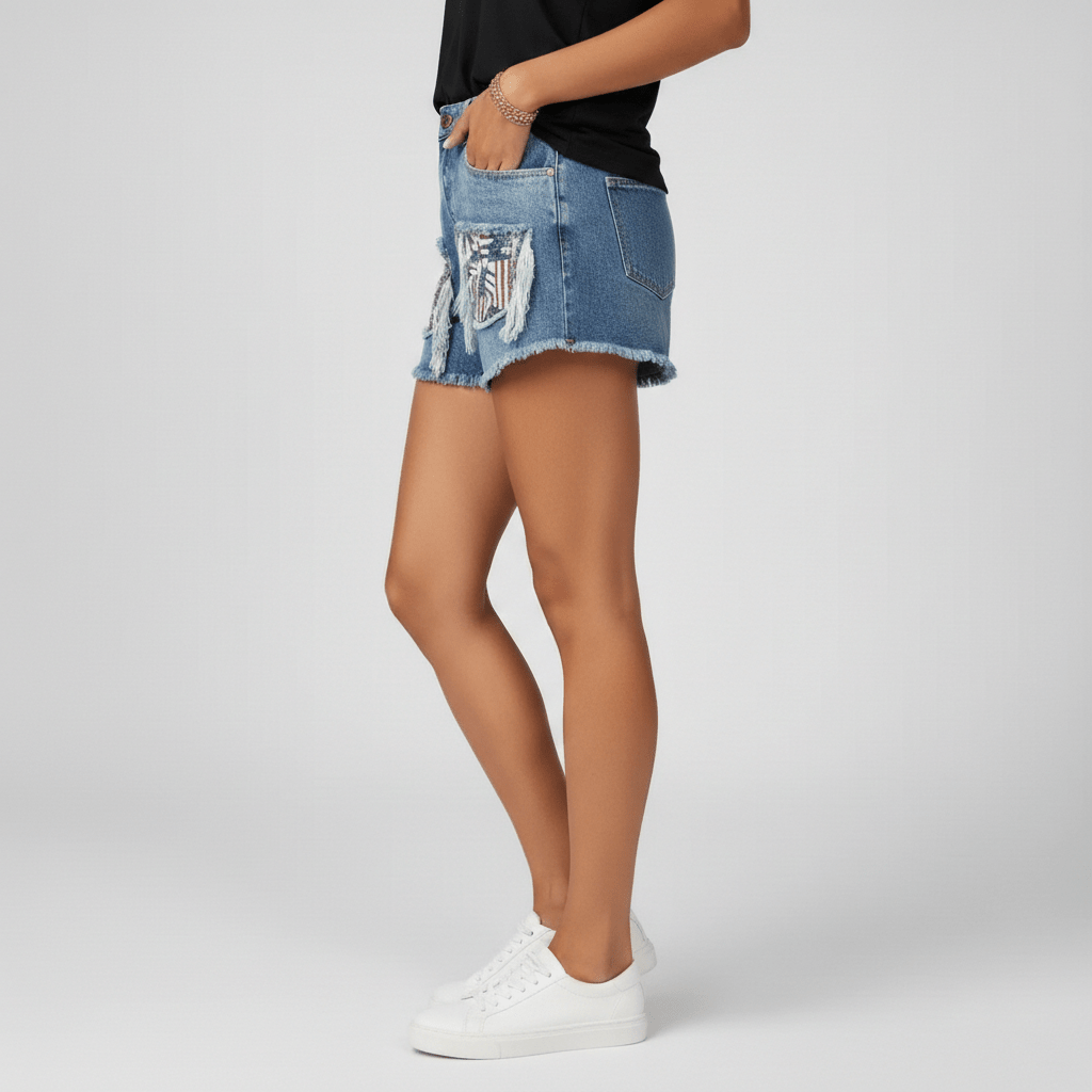 Angela Frayed Hem Denim Shorts Patch Pocket Distressed