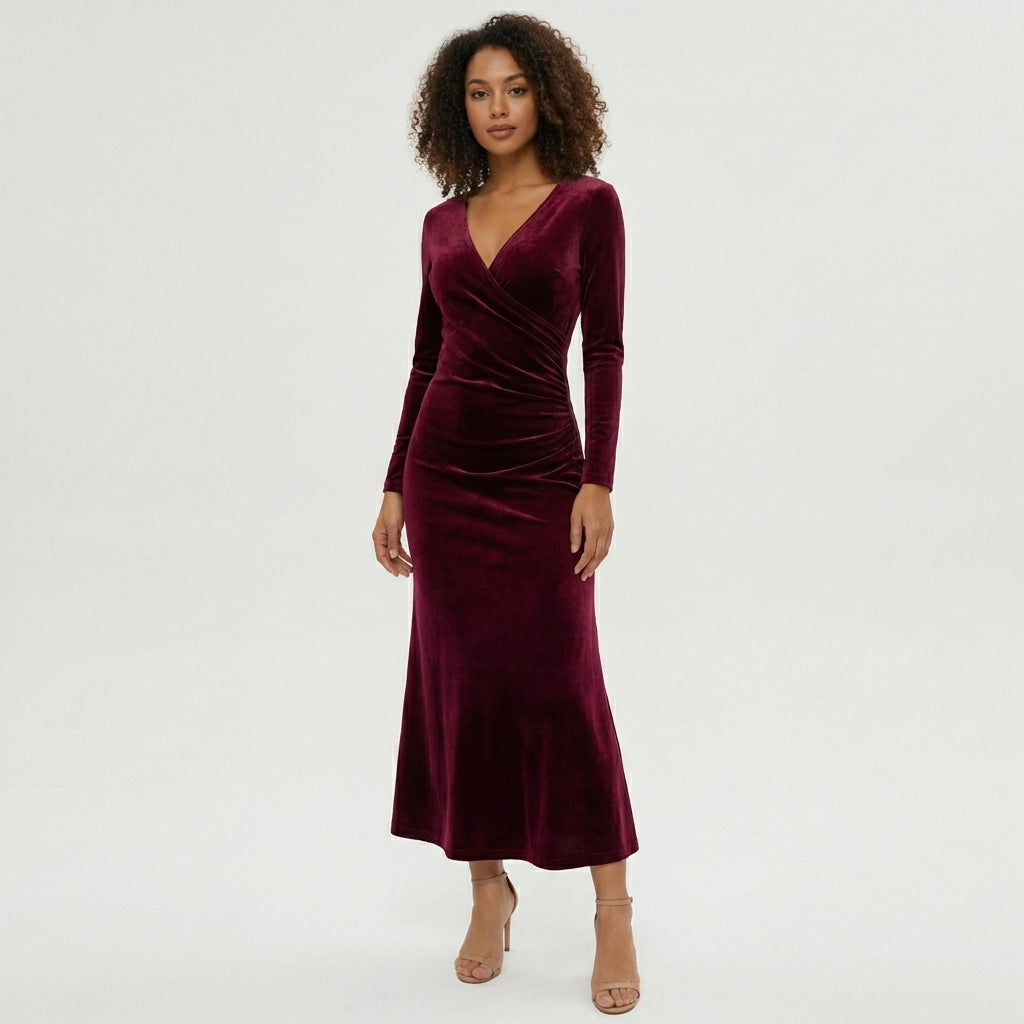 Aviana Velvet Wrap Midi Dress with V-Neck