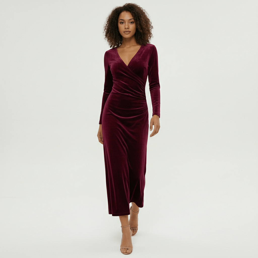 Aviana Velvet Wrap Midi Dress with V-Neck