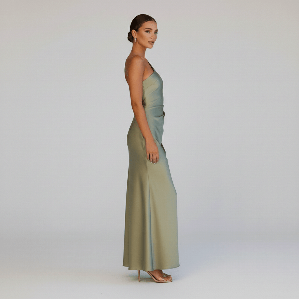Bridget One Shoulder Green Wedding Guest Dress with Side Split Maxi Length