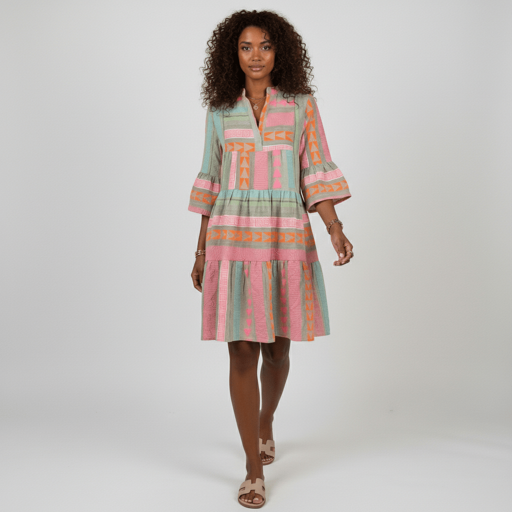 Briella Printed Midi Dress with Tiered Skirt and 3/4 Sleeves