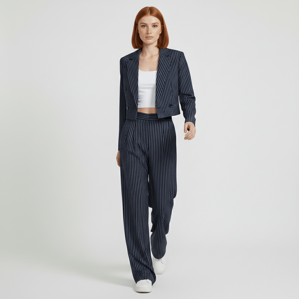 Callie Two Piece Set Cropped Blazer and Wide Leg Pinstripe Pants