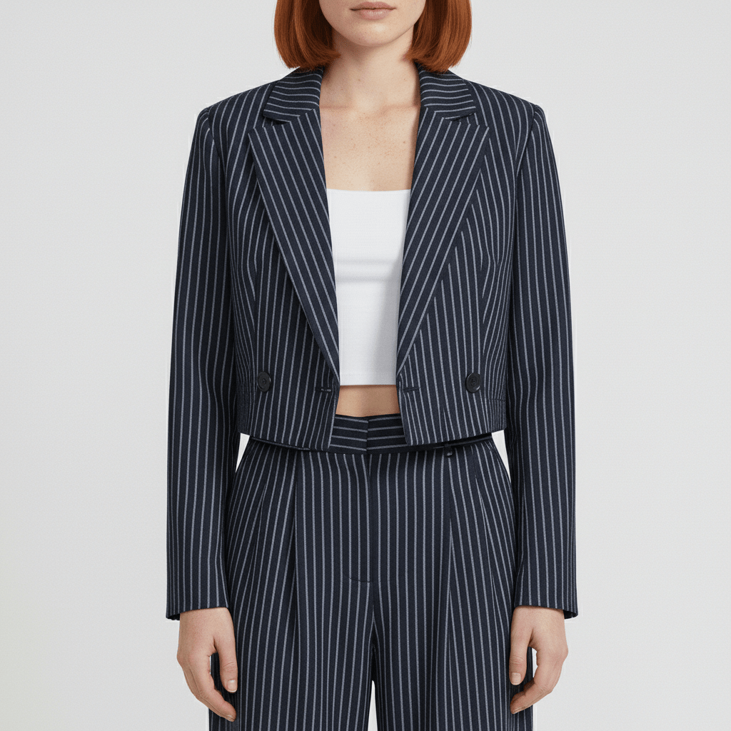 Callie Two Piece Set Cropped Blazer and Wide Leg Pinstripe Pants