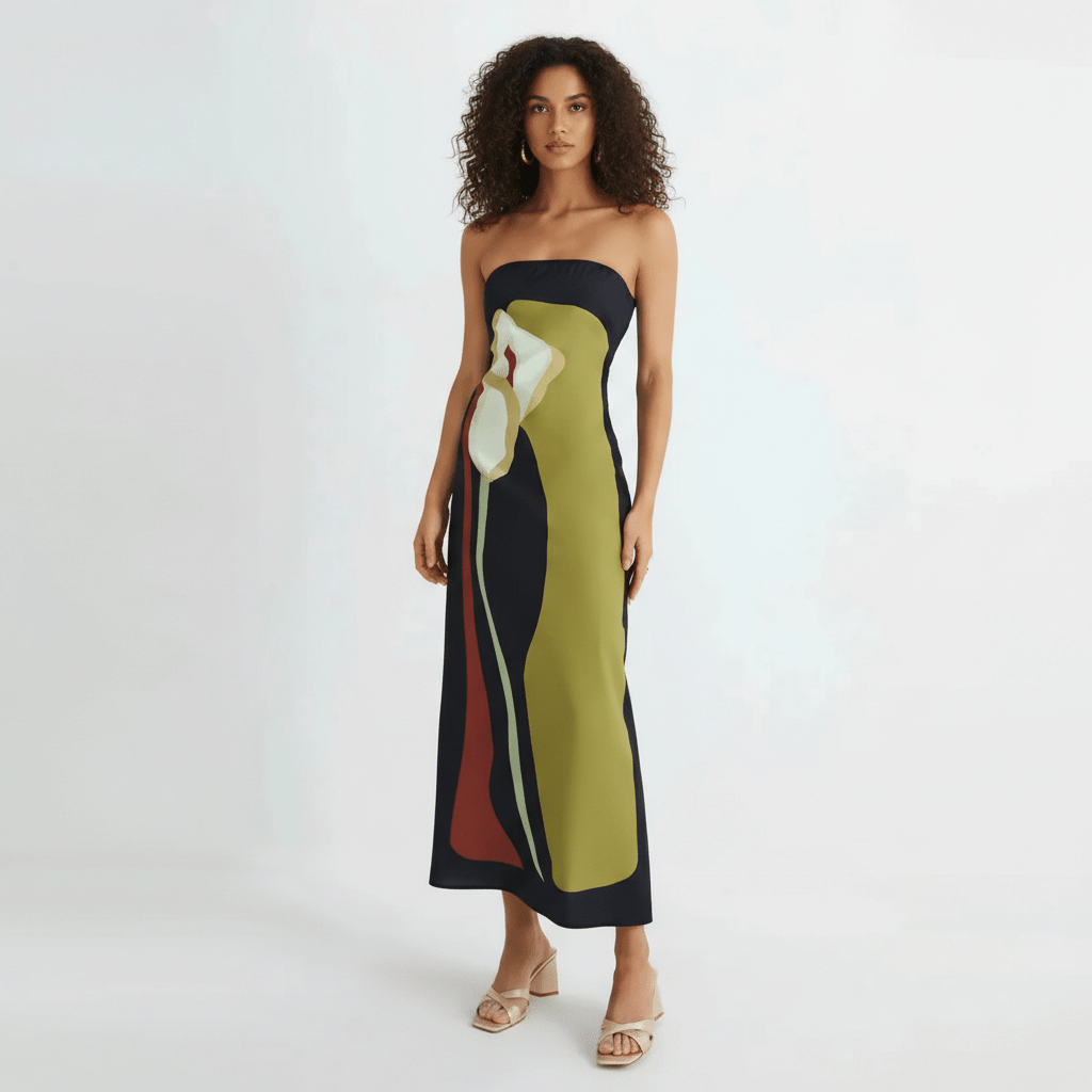 Camille Strapless Maxi Summer Dress with Floral Abstract Print