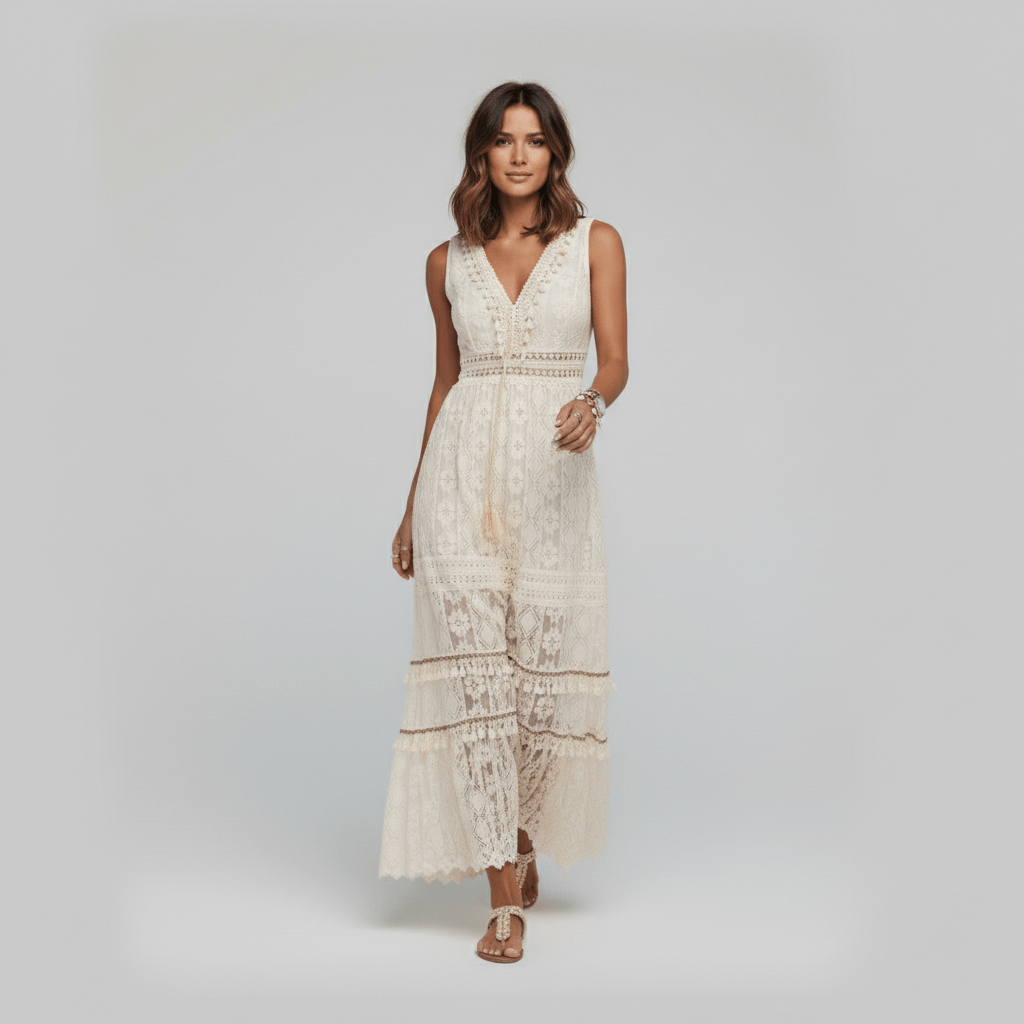 Cara V-Neck Lace Maxi Dress for Women with Sleeveless Tiered Skirt