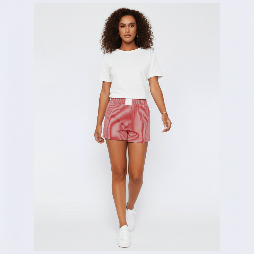 Carmelita Striped Cotton Shorts Elastic Waist Summer Fit