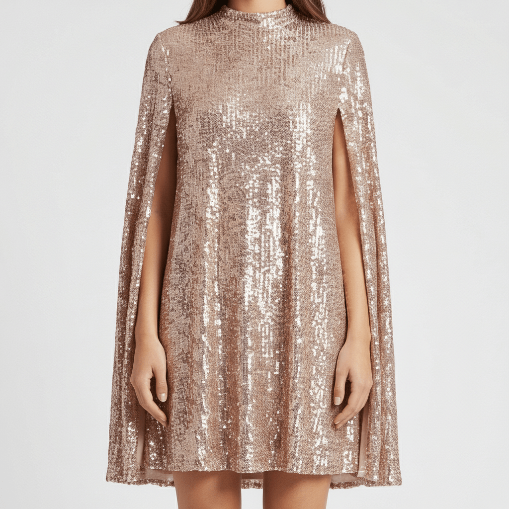 Chiara High Neck Sequin Cocktail Dress with Cape Sleeves