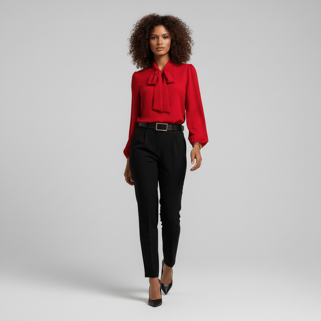 Christa Bow Tie Neck Long Sleeve Blouse with Tie Front