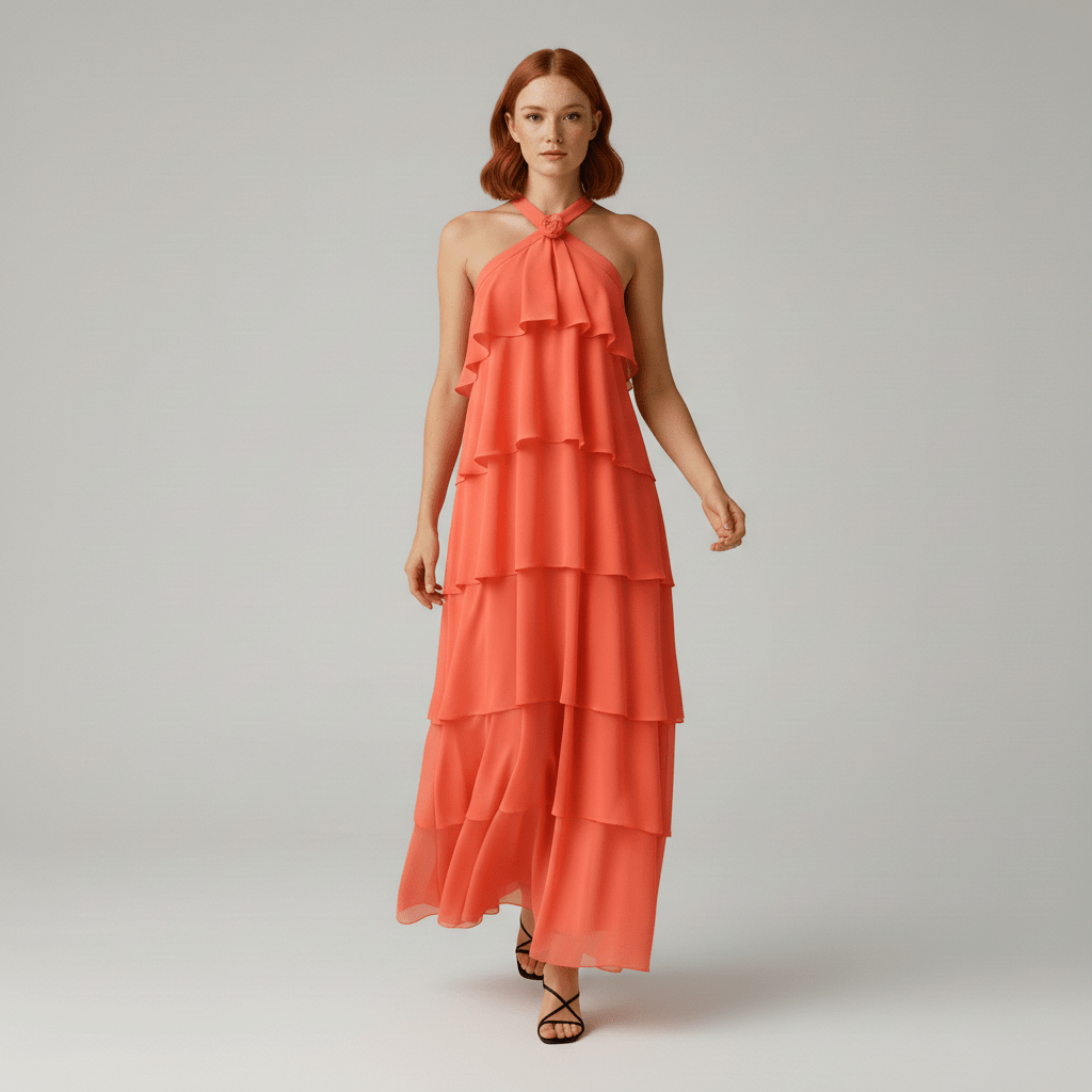 Cleo Halter Neck Maxi Summer Dress with Tiered Ruffle Skirt