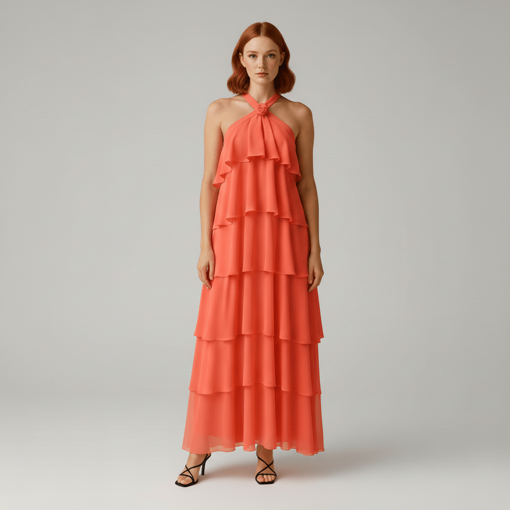 Cleo Halter Neck Maxi Summer Dress with Tiered Ruffle Skirt