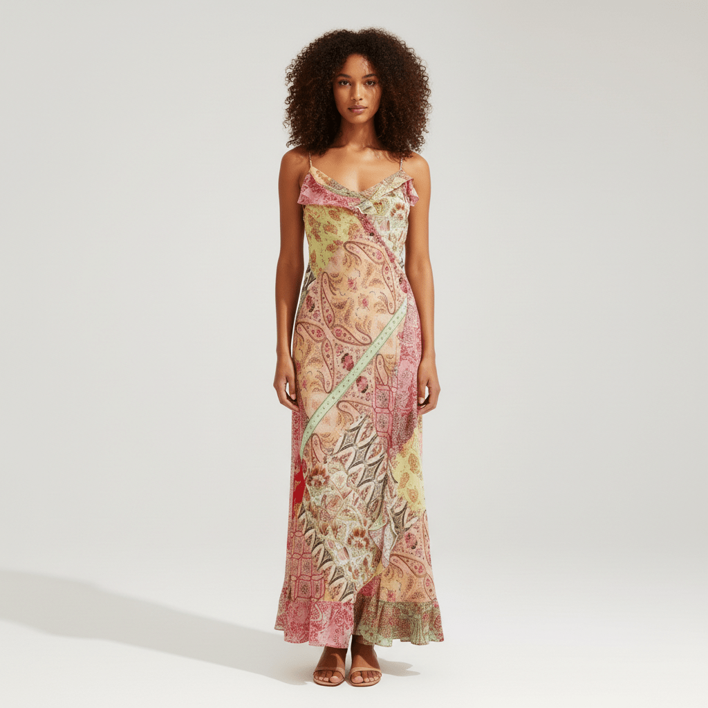 Crystal Spaghetti Strap Maxi Summer Dress with Paisley Print