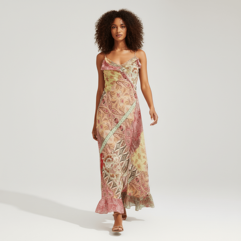 Crystal Spaghetti Strap Maxi Summer Dress with Paisley Print