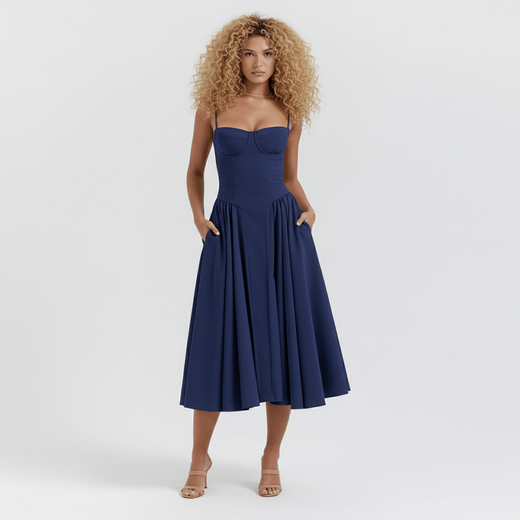 Cyra Sweetheart Neck Midi Dress with Spaghetti Straps and Full Skirt