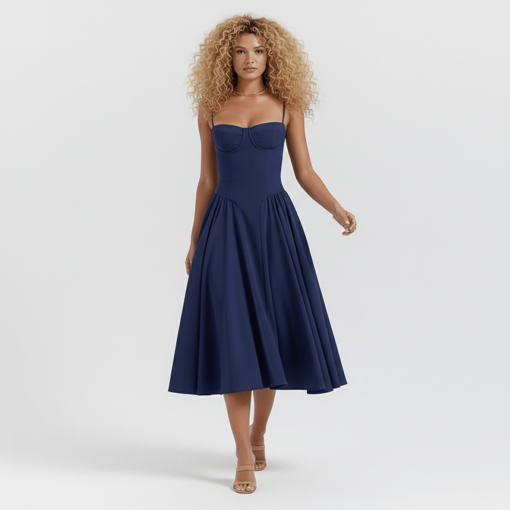 Cyra Sweetheart Neck Midi Dress with Spaghetti Straps and Full Skirt