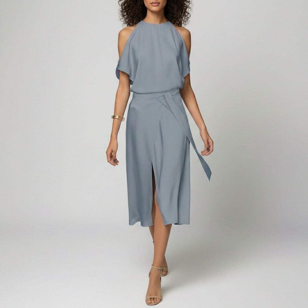 Daisy Midi Dress with Cold Shoulder Cut-Out and Wrap Skirt