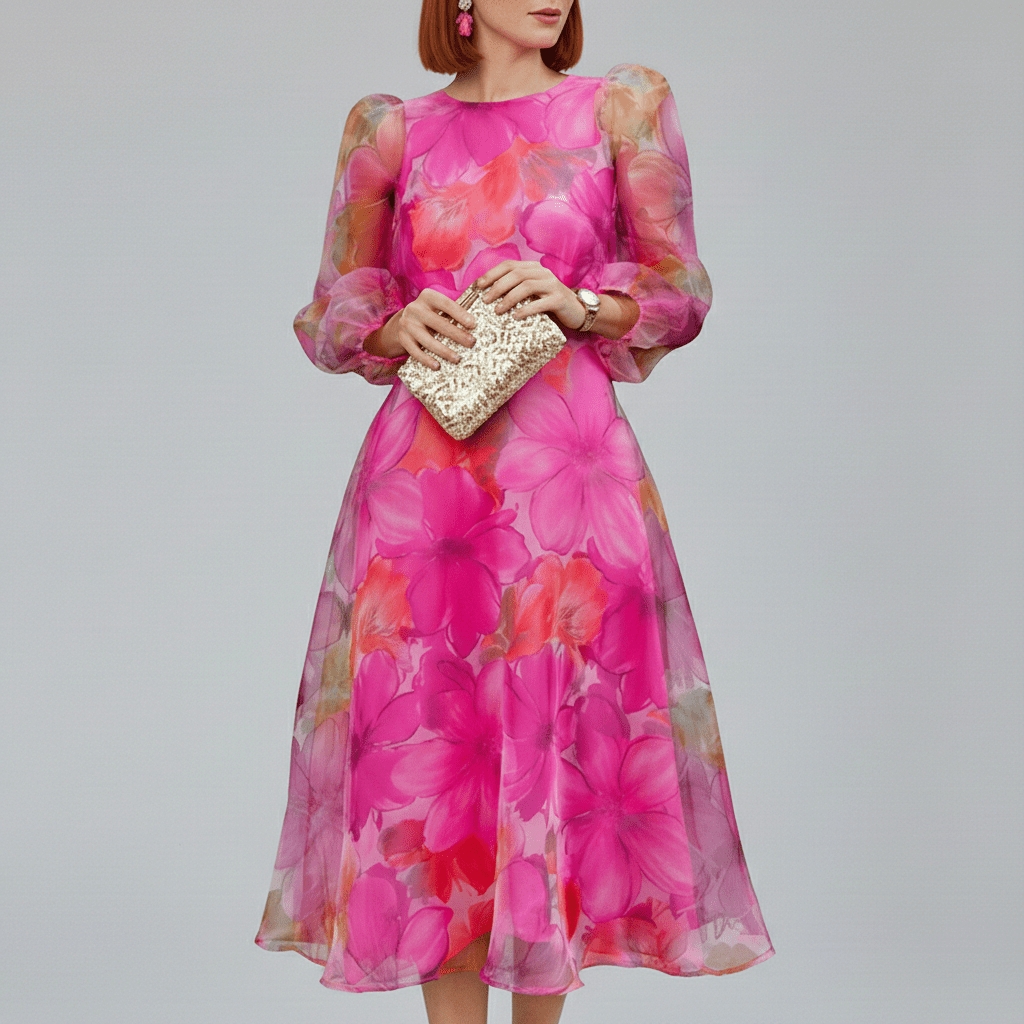 Darla Floral Midi Wedding Guest Dress with Long Sheer Sleeves