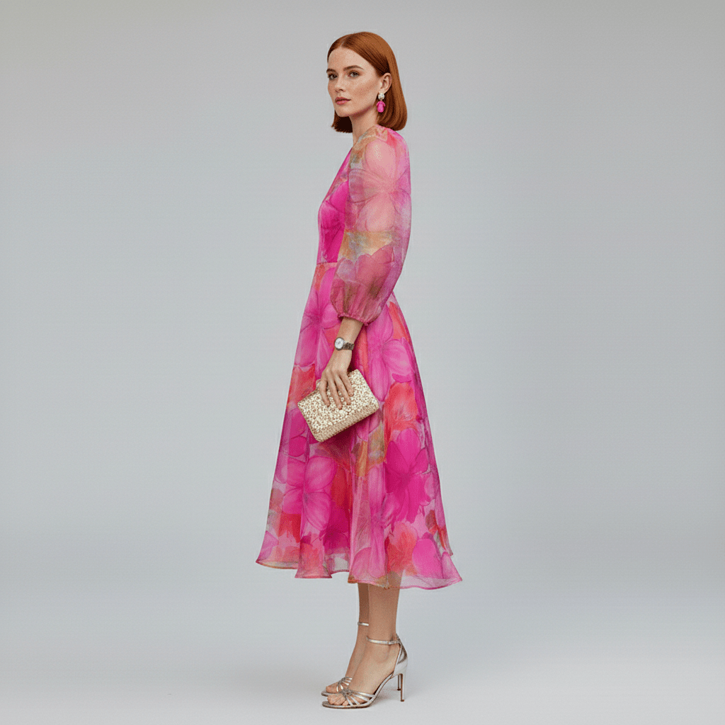Darla Floral Midi Wedding Guest Dress with Long Sheer Sleeves