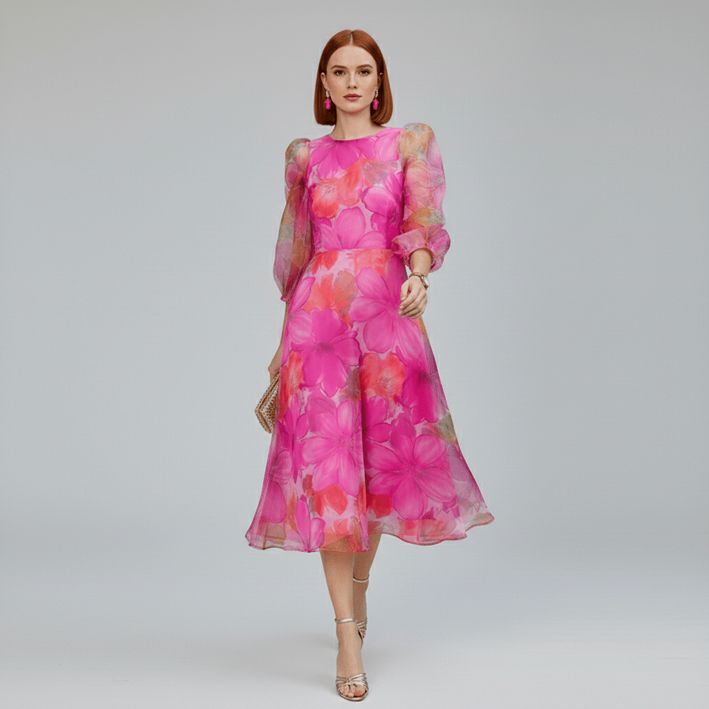 Darla Floral Midi Wedding Guest Dress with Long Sheer Sleeves
