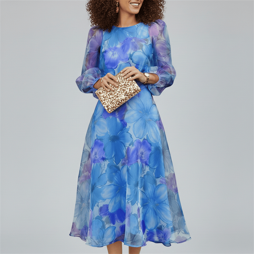 Darla Floral Midi Wedding Guest Dress with Long Sheer Sleeves