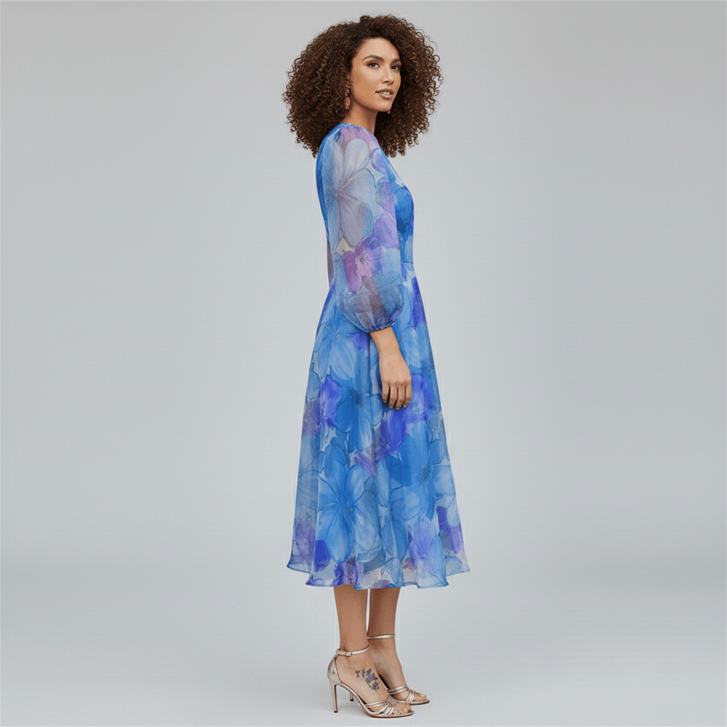 Darla Floral Midi Wedding Guest Dress with Long Sheer Sleeves