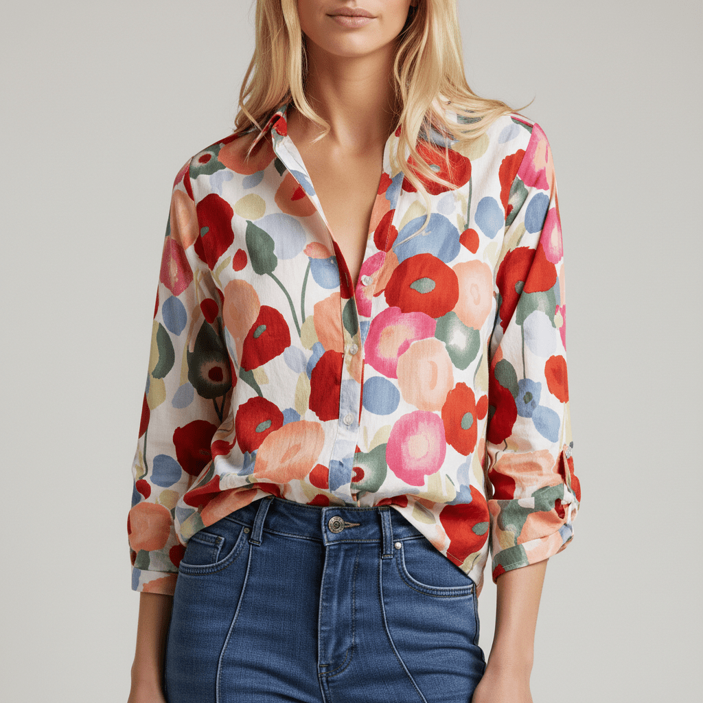 Davia V-Neck Floral Print Button Down Blouse with Long Sleeves