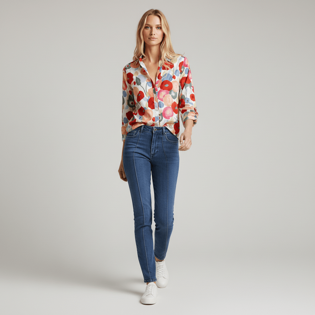 Davia V-Neck Floral Print Button Down Blouse with Long Sleeves