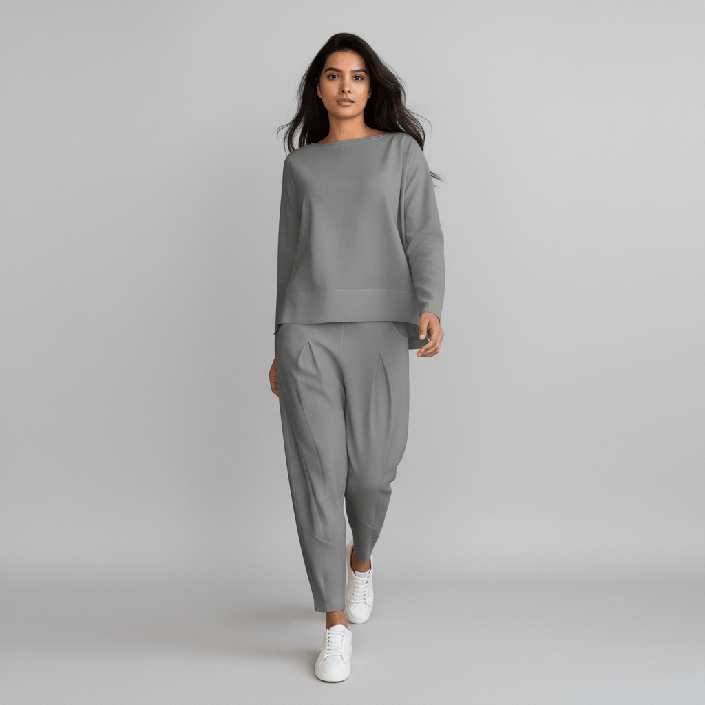 Delphine Two Piece Set Round Neck Top and Relaxed Fit Pants