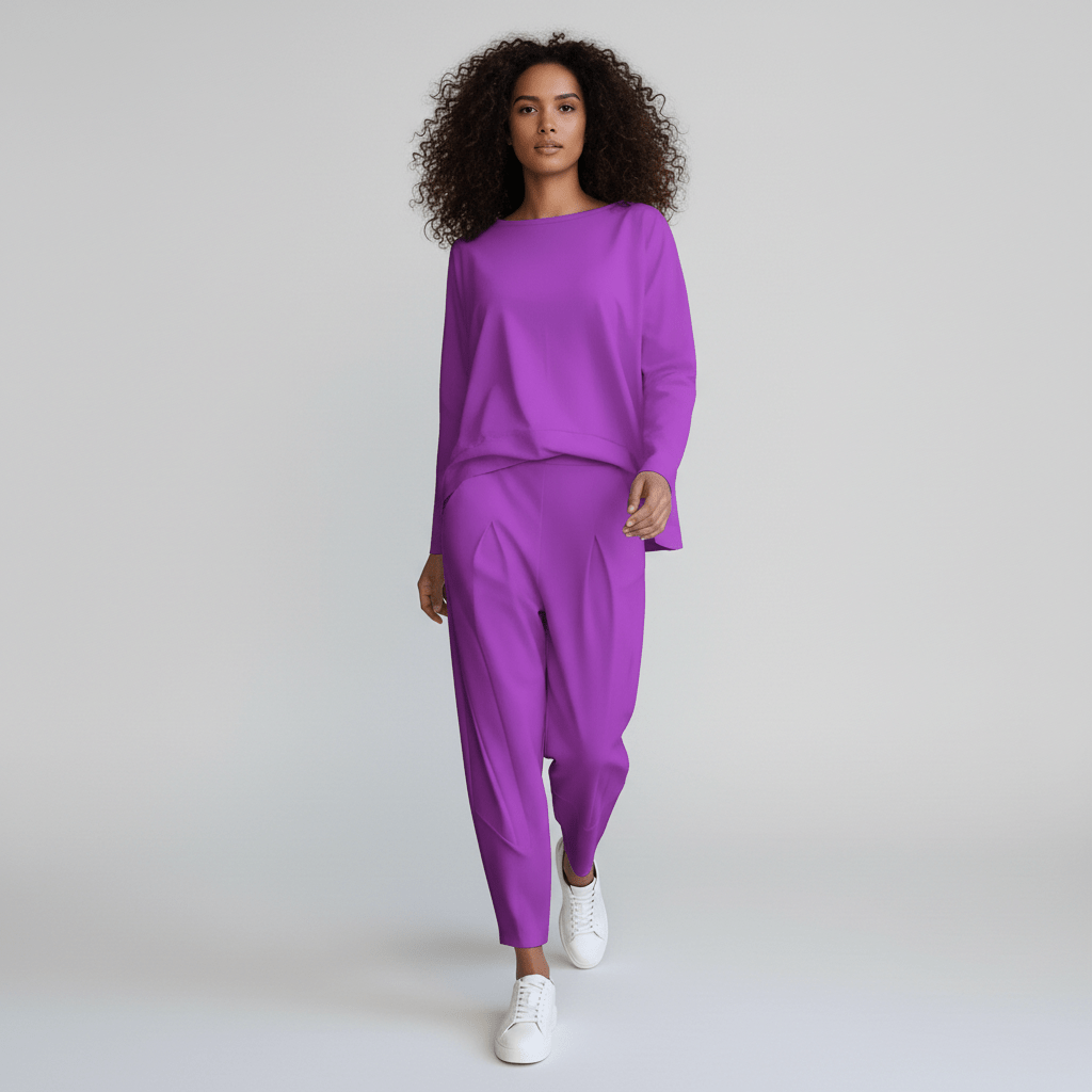 Delphine Two Piece Set Round Neck Top and Relaxed Fit Pants