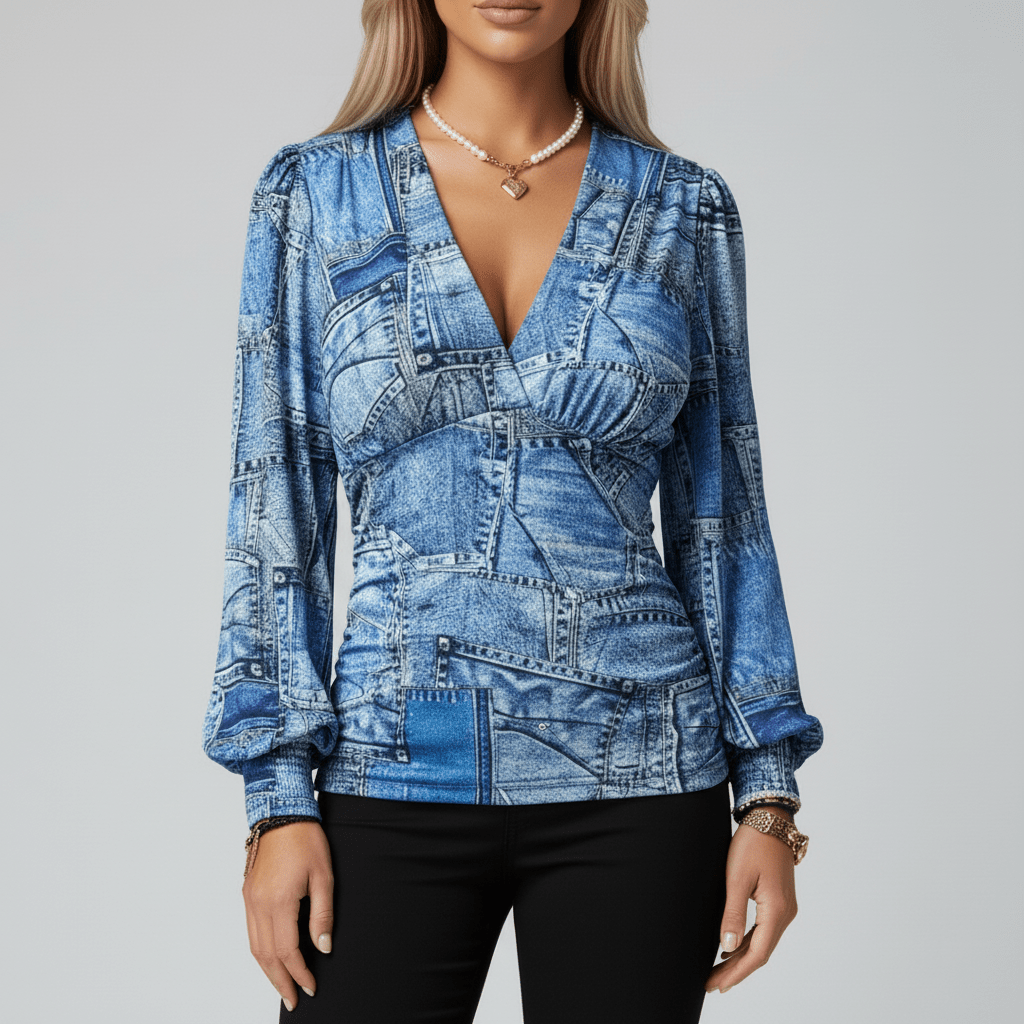Donna Deep V-Neck Long Sleeve Blouse with Ruched Waist