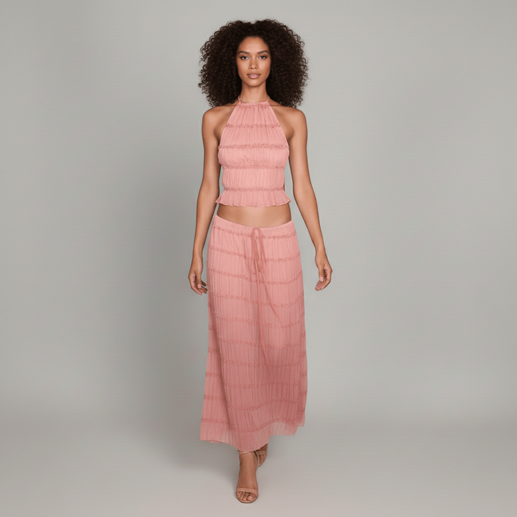 Edeline Halter Neck Two Piece Set with Crop Top and Maxi Skirt