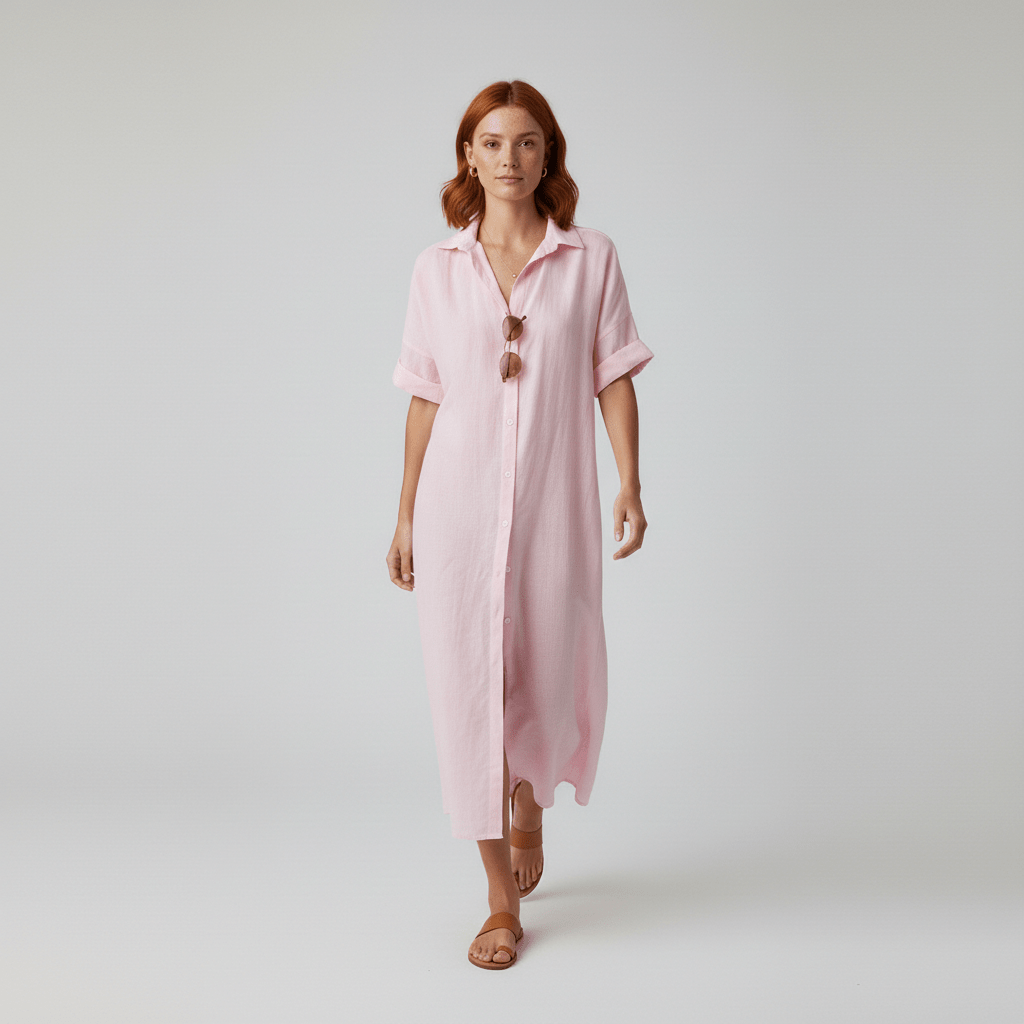 Elin Button Down Shirt Maxi Dress for Women with Short Sleeves
