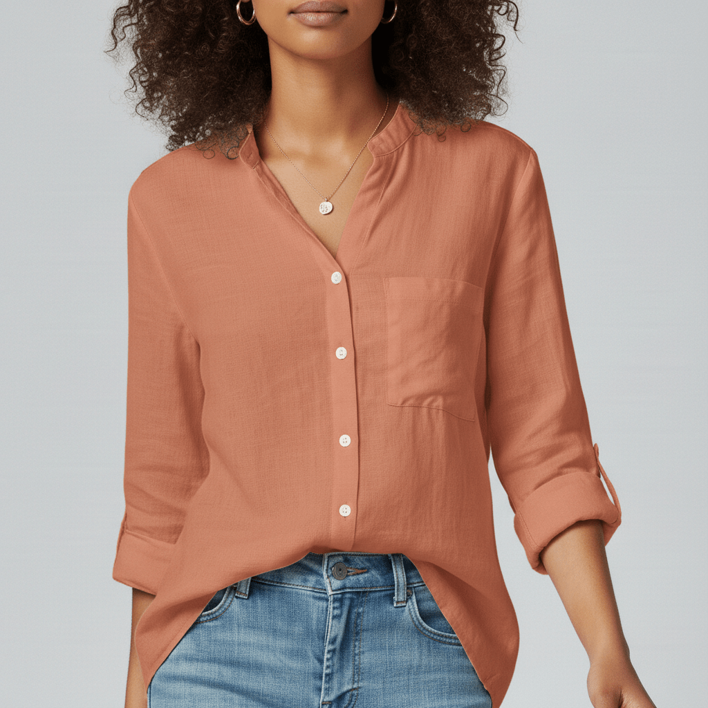 Ellie Button-Up Blouse with Stand Collar and Chest Pocket