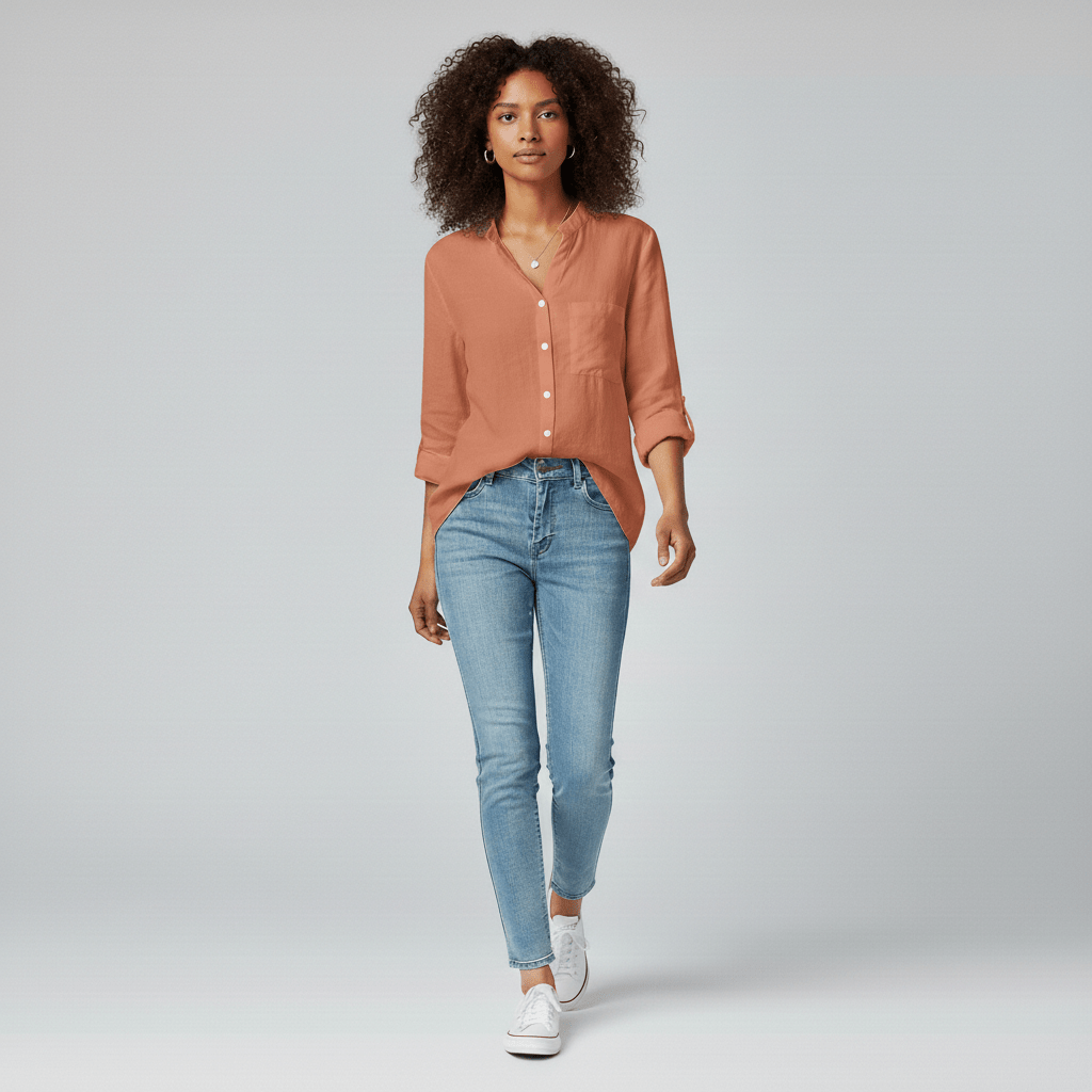 Ellie Button-Up Blouse with Stand Collar and Chest Pocket